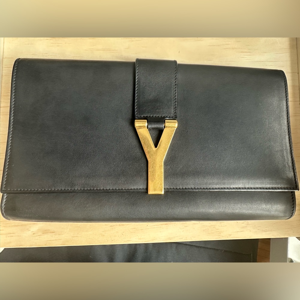 YSL Black Leather Clutch with Gold Accent